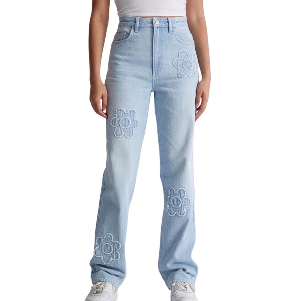 PacSun 90's Boyfriend Floral Appliqué Light Wash Jeans Size 27 Y2K Cottagecore